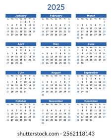 2025 year english calendar. Vector illustration. Week starts Sunday