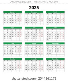 2025 year english vector annual calendar with 12 months. Week starts monday