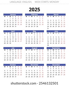 2025 year english vector business calendar with 12 months. Week starts monday