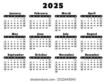 2025 year english vector calendar with 12 months in black colors