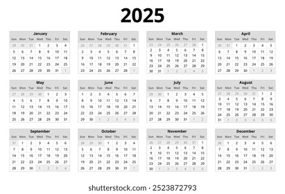 2025 year english vector calendar with 12 months in grey colors