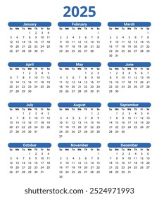 2025 year english vector calendar with 12 months (days of the week with two letters)