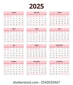 2025 year english vector calendar with 12 months in tables