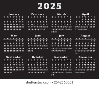 2025 year english vector calendar. Modern design with 12 months on black background