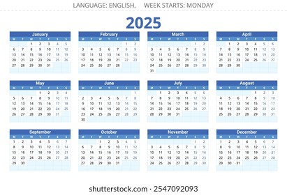 2025 year english vector calendar with 12 months. Week starts monday