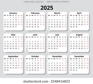 2025 year english vector calendar with 12 months. Week starts monday