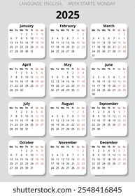 2025 year english vector calendar with 12 months. Week starts monday