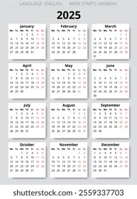 2025 year english vector calendar with 12 months (with shadow). Week starts monday