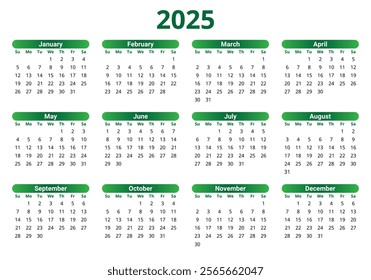 2025 year english vector calendar with 12 months in green colors