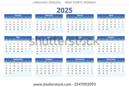 2025 year english vector calendar with 12 months. Week starts monday