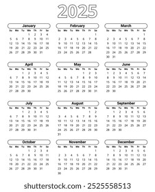 2025 year english vector simple calendar with 12 months 