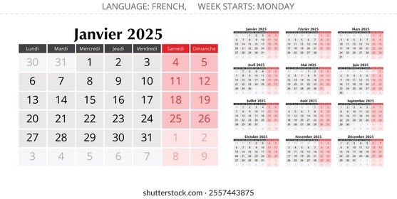 2025 year french calendar. Vector illustration set for France - calendrier. 12 pages for all months