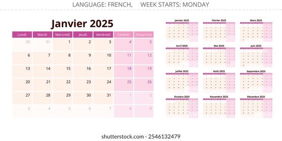 2025 year french page calendar. Vector illustration set for France - calendrier