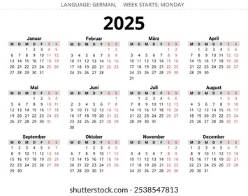 Calendário anual da Alemanha de 2025. Ilustração de vetor simples para a Alemanha