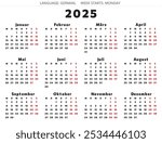 2025 year GERMAN calendar - deutsch kalender. Vector illustration for Germany