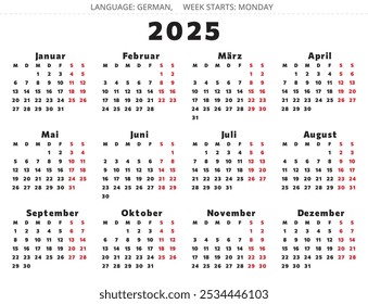 2025 year GERMAN calendar - deutsch kalender. Vector illustration for Germany