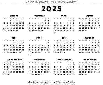 Calendário alemão 2025 - kalender. Ilustração vetorial para a Alemanha em cor escura