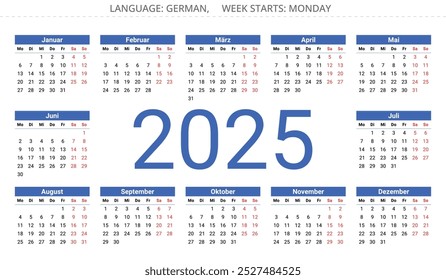 2025 Jahr DEUTSCHER Kalender - kalender. Vektorgrafik für Deutschland mit Nummer in der Mitte