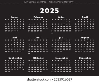 Calendário alemão 2025 - kalender. Ilustração vetorial para a Alemanha sobre fundo preto