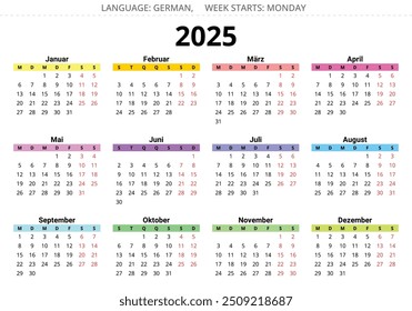 calendário alemão de 2025. Ilustração de vetor de cor imprimível para a Alemanha