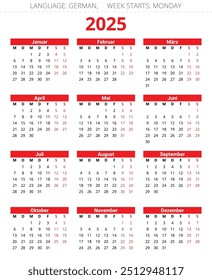 calendário alemão de 2025. Ilustração de vetor imprimível para a Alemanha em cores vermelhas e pretas