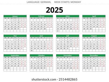 calendário alemão de 2025. Ilustração de vetor imprimível para a Alemanha em cores verdes