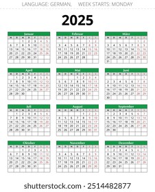 calendário alemão de 2025. Ilustração de vetor imprimível para a Alemanha em cores verdes