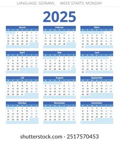 calendário alemão de 2025. Ilustração de vetor imprimível para a Alemanha em cores azuis