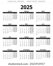 calendário alemão de 2025. Ilustração de vetor imprimível para a Alemanha em cores escuras