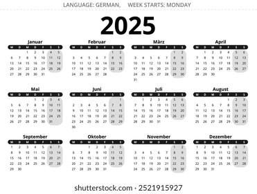 calendário alemão de 2025. Ilustrações de vetor imprimíveis para a Alemanha em cores escuras