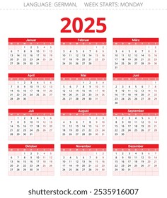 calendário alemão de 2025. Ilustração de vetor imprimível para a Alemanha em cores vermelhas