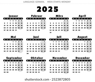 Calendário alemão de 2025. Ilustração vetorial para a Alemanha em cores escuras