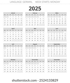 Calendário alemão de 2025. Ilustração vetorial para a Alemanha em cores cinzentas