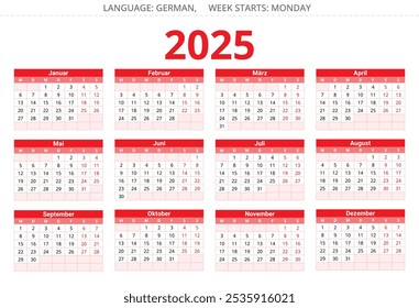 calendário alemão de 2025. Ilustração vetorial para a Alemanha. Modelo de design em cores vermelhas