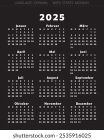 Calendário alemão de 2025. Ilustração vetorial para a Alemanha sobre fundo preto