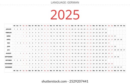 Calendário linear ALEMÃO de 2025 - kalender. Ilustração vetorial para a Alemanha. Dias do mês consecutivos