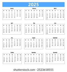 2025 Año de un vistazo Calendario con un inicio de lunes a la semana