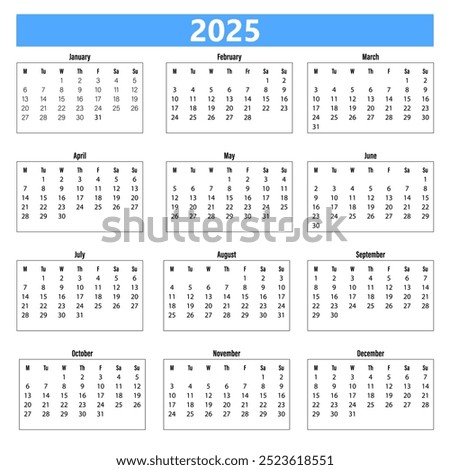 2025 Year at a glance Calendar with a Monday week start