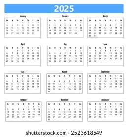 2025 Año de un vistazo Calendario con un inicio de semana dominical