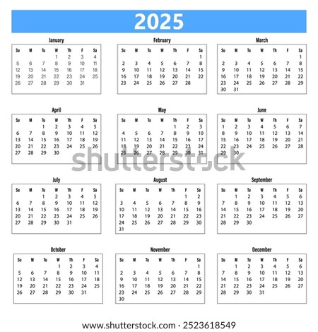 2025 Year at a glance Calendar with a Sunday week start