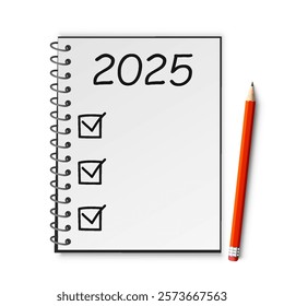 2025 year goals list with notebook and pencil, checklist, plan, goals and action, space for text
