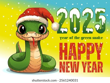 2025 year of the green snake. Happy New Year. New Year design with cute green snake in a in Santa hat. Vector illustration	