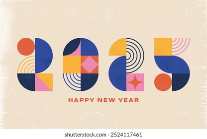 2025 year greeting card design. Abstract colorful new year 2025 celebration poster with geometric numbers, creative postcard template. Vector illustration.