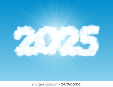 2025 year greeting card. New year banner with clouds in numbers shapes on blue sky background with sun light. Calendar poster with cloudy sky and white text 2025, vector realistic illustration