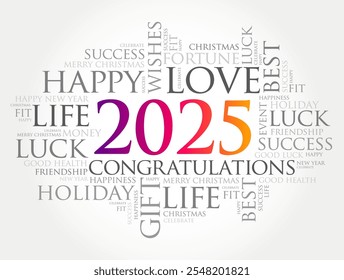 2025 year greeting word cloud collage, Happy New Year celebration greeting card