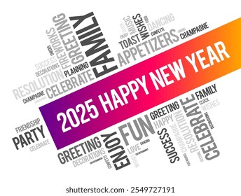 2025 year greeting word cloud collage, Happy New Year celebration greeting card
