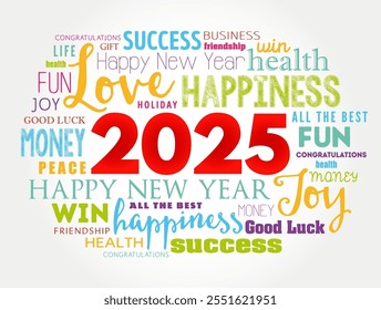 2025 year greeting word cloud collage, Happy New Year celebration greeting card