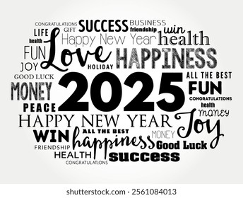 2025 year greeting word cloud collage, Happy New Year celebration greeting card