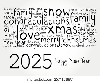 2025 year greeting word cloud collage, Happy New Year celebration greeting card