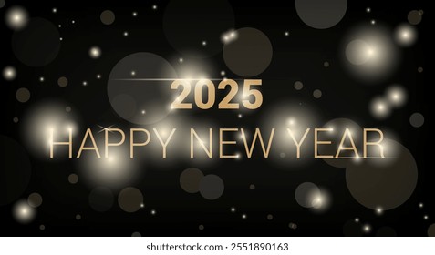 2025 year. Happy new year. Inscription. Postcard. Congratulations. Banner. Abstract background with bokeh. New Year pattern. Bright pattern with gradient. Background with bokeh and glitter. 